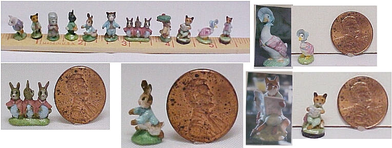 hand carved wood miniature Beatrix Potter figurines.