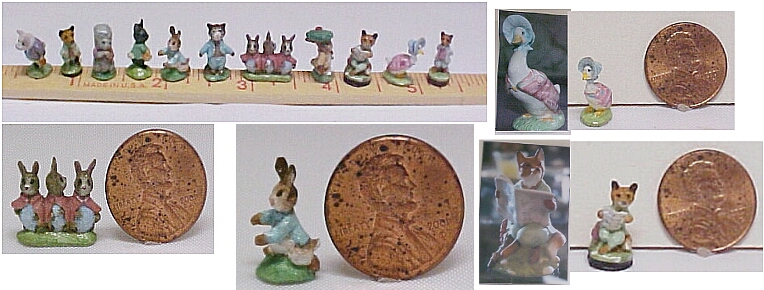 hand carved wood miniature Beatrix Potter figurines