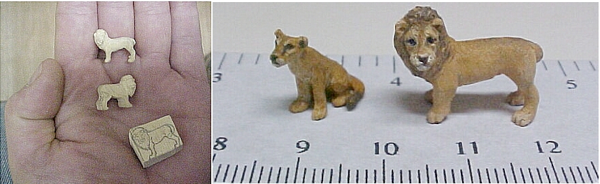 hand carved hand painted wood miniature 1:144 scale lions.